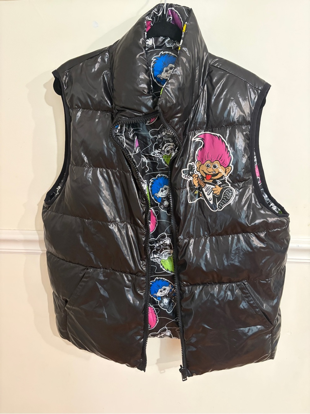 Black down Vest with Colorful Troll Graphic